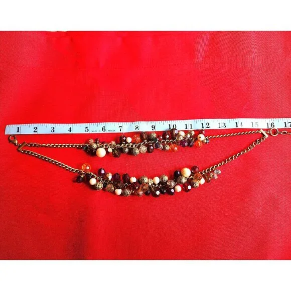 Cluster Necklace in Multi Color Beads -2 Strand Chunky Gold-Tone -18in - Picture 2 of 7